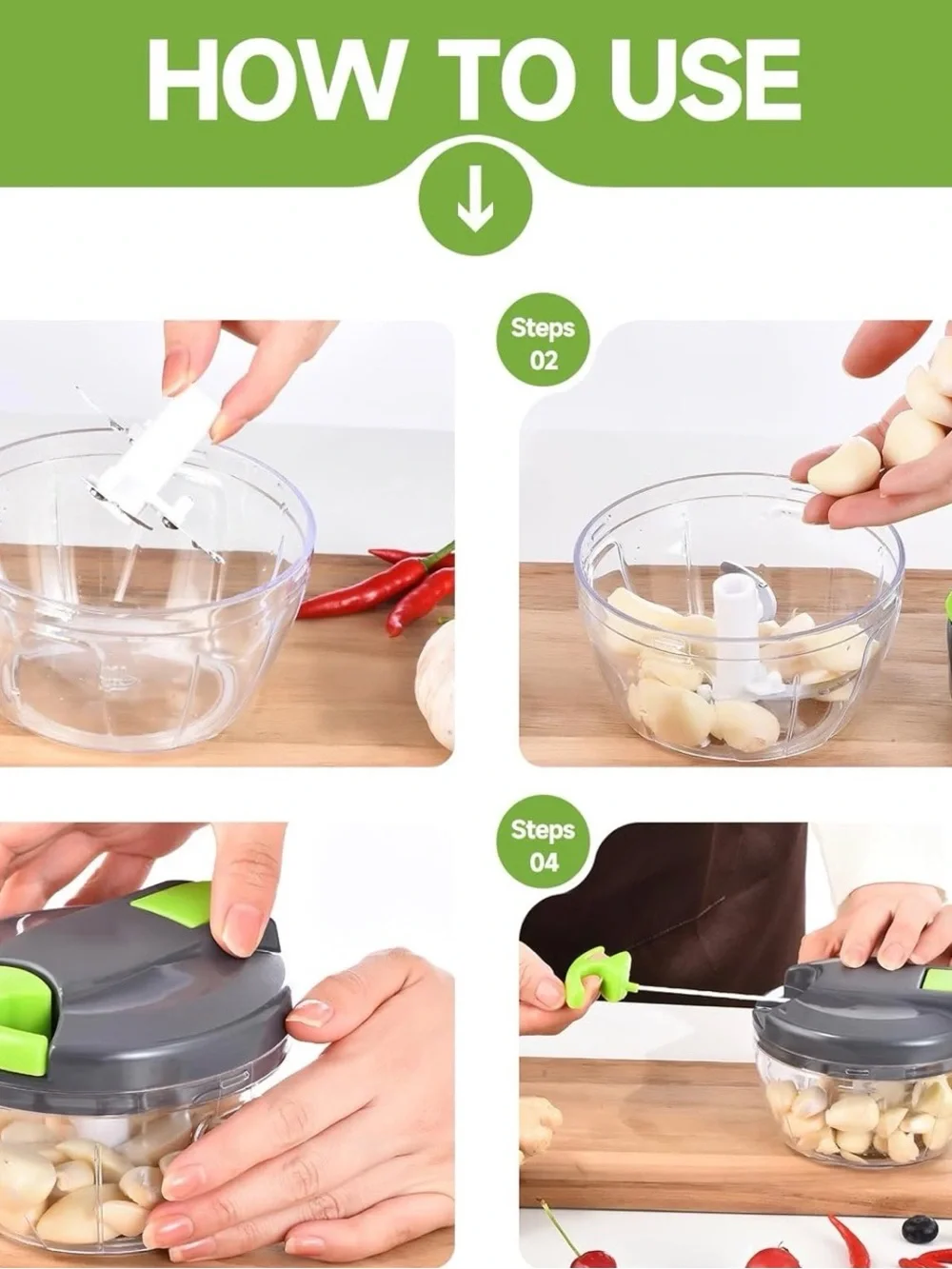 Manual Food Chopper with Green and Gray Lid - Compact Vegetable Cutter